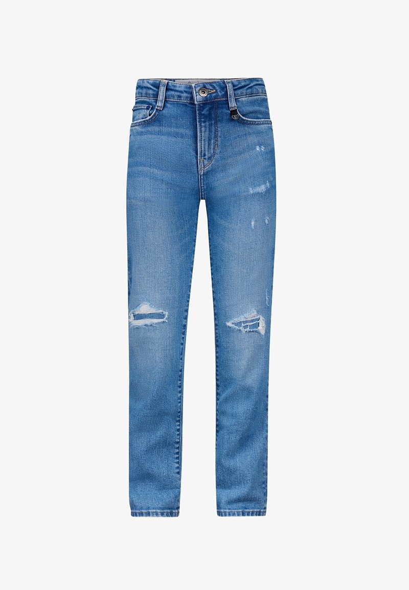 Jean en denim bleu avec une taille haute, coupe droite, présentant des zones déchirées et un léger délavage. Design classique à cinq poches et fermeture à bouton.