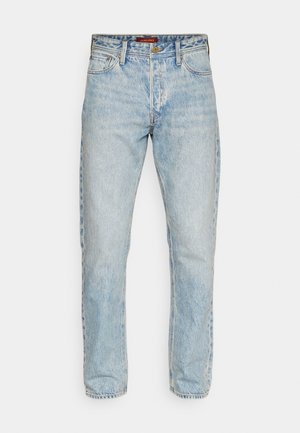Light blue denim jeans with a straight leg design, featuring a button closure, five-pocket style, and subtle faded texture.