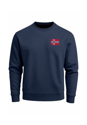 Navy blue sweatshirt made from soft material, featuring a small embroidered Norwegian flag on the left chest area. Classic crew neck design.