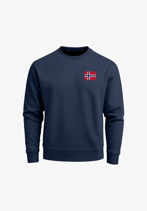 Navy blue sweatshirt made from soft material, featuring a small embroidered Norwegian flag on the left chest area. Classic crew neck design.
