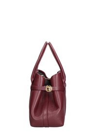 Borsa a mano in pelle bordeaux con due manici corti, design plissettato, dettagli in oro e finitura texturizzata. Chiusura superiore con cerniera.