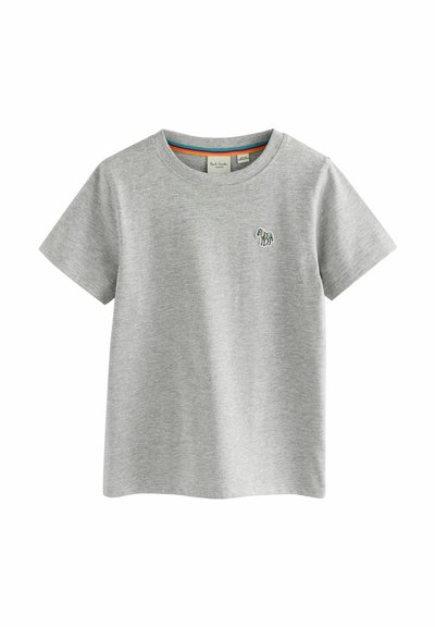 T-shirt in cotone grigio con maniche corte, caratterizzato da un colletto tondo e un piccolo disegno ricamato decorativo sul petto.