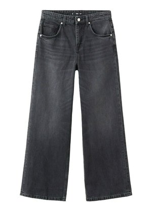 Jeans in denim nero a gamba larga con cinque tasche, passanti per cintura e chiusura con bottone e cerniera.