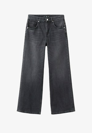 Jeans in denim nero a gamba larga con cinque tasche, passanti per cintura e chiusura con bottone e cerniera.