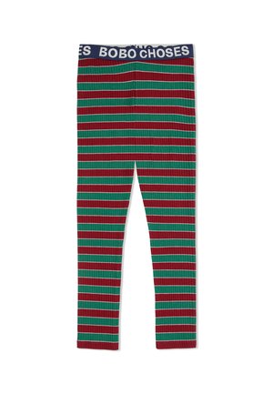 Ribbed leggings with a multicolored pattern of red, green, and white stripes; features a navy blue waistband with "BOBO CHOSE" text.