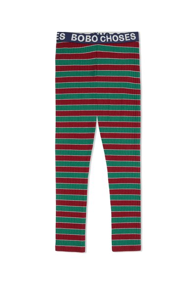 Leggings côtelés avec un motif multicolore de rayures rouges, vertes et blanches ; dotés d'une ceinture bleu marine avec le texte "BOBO CHOSE".