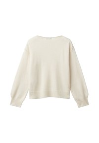 Cremfarbener Pullover mit Ballonärmeln, geripptem Saum und rundem Halsausschnitt. Weiche, gestrickte Textur mit dezenten Nahtdetails.