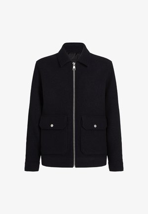 Vojska vuna jakna s patentnim zatvaračem, šiljastim ovratnikom, dva prednja džepa s preklopom i srebrnim detaljima. Glatka tekstura.