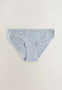 Grijze katoen bikini slipjes met een gladde textuur, met een brede tailleband en decoratieve stiksels langs de randen.