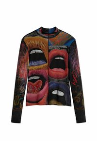 Pikkade varrukatega jakk, millel on musta tausta ja elav huulte graafiline disain erinevates värvides. Materjal tundub sile ja paindlik.