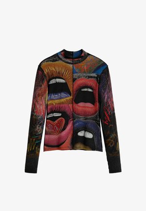 Giacca a maniche lunghe con un vivace design grafico di labbra in vari colori su sfondo nero. Il materiale sembra liscio e flessibile.