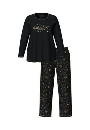 Maglietta nera a maniche lunghe con la scritta dorata "Moonlight Romance", abbinata a pantaloni da pigiama neri con motivi celesti in oro e grigio.