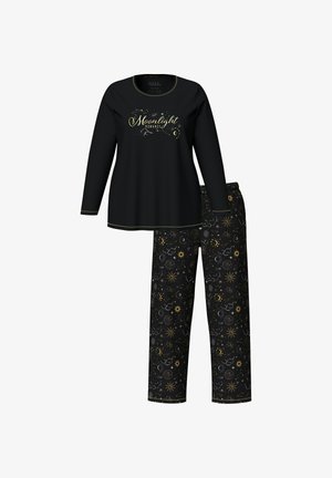 Schwarzes Langarmoberteil mit goldenem Schriftzug "Moonlight Romance", kombiniert mit schwarzen Schlafanzughosen, die himmlische Muster in Gold und Grau aufweisen.