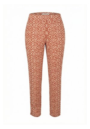 Pantalons coupe ajustée avec un motif géométrique en losange orange et beige sur toute la surface, dotés d'une taille mi-haute et d'une longueur à la cheville.