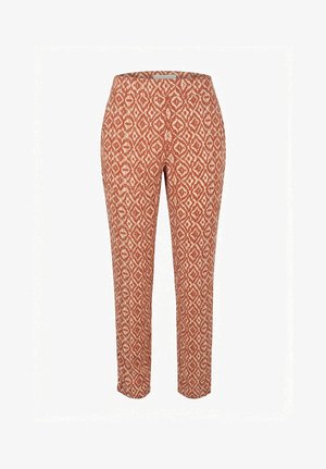 Pantalons coupe ajustée avec un motif géométrique en losange orange et beige sur toute la surface, dotés d'une taille mi-haute et d'une longueur à la cheville.