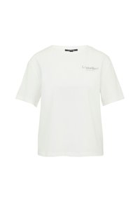 Weißes Baumwoll-T-Shirt mit kurzen Ärmeln, rundem Halsausschnitt und einem kleinen grauen Druck, der "L'atelier" im linken Brustbereich zeigt.