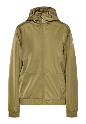 Olijfgroene, lichtgewicht jas met een capuchon, frontale ritssluiting, elastische manchetten en twee zijzakken. Soepele, glanzende textuur met gestikte naden.
