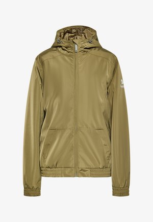 Olijfgroene, lichtgewicht jas met een capuchon, frontale ritssluiting, elastische manchetten en twee zijzakken. Soepele, glanzende textuur met gestikte naden.