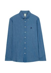 Lichtblauw chambray overhemd met lange mouwen, puntige kraag en een klein geborduurd logo op de linkerborst.