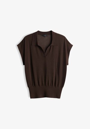 Short-sleeve dark brown knit top with V-neck collar and wide ribbed hem, displayed flat on a white background.