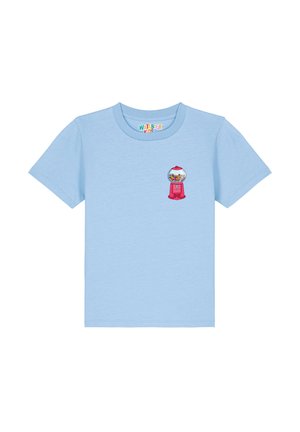 Hellblaues T-Shirt mit rundem Ausschnitt, das ein grafisches Motiv einer pinken Kaugummimaschine auf der linken Brust zeigt. Hergestellt aus weichem Baumwollstoff.