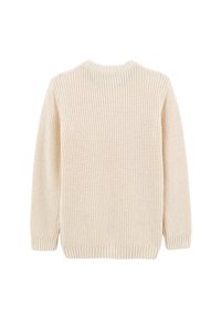 Pull en tricot beige avec un motif texturé, col rond, manches longues, et bords côtelés au niveau des poignets et de l'ourlet.