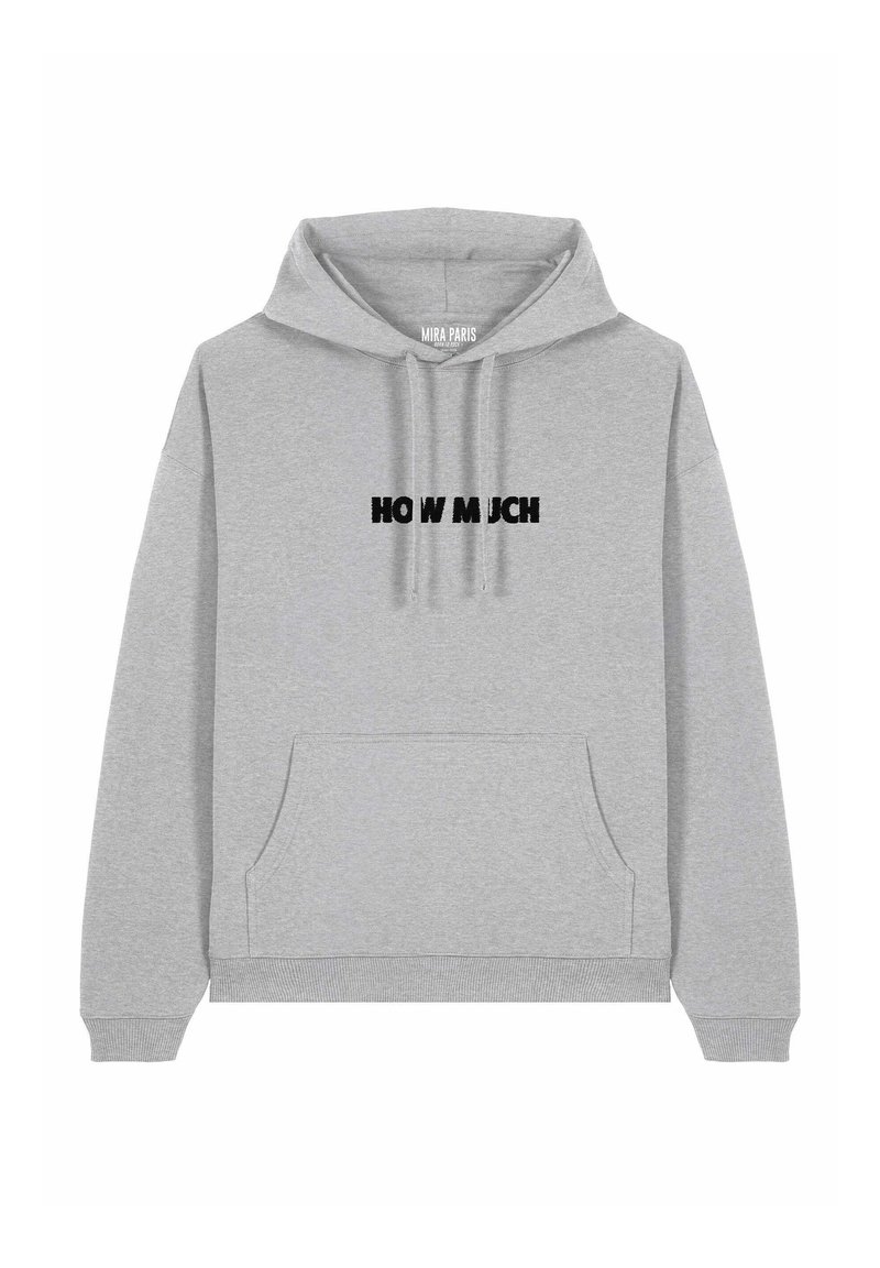 Felpa grigia con tasca a marsupio, cappuccio con cordoncino e testo stampato "HOW MUCH" in nero. Tessuto liscio, design casual, polsini a coste.