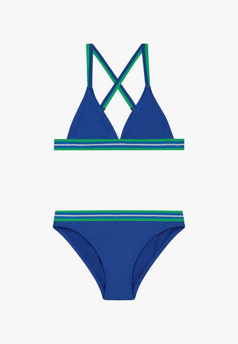 Niebieski zestaw bikini składający się z trójkątnego topu z krzyżującymi się ramiączkami oraz majtek z pasującym pasem. Obie części mają zielone i srebrne paski.