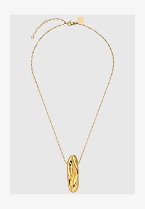 Zeltaini ķēde ar strukturētu, pagarinātu piekariņu. Ķēde veidota no maziem posmiem un aprīkota ar homērapjomu, papildināta ar logotipa birku.