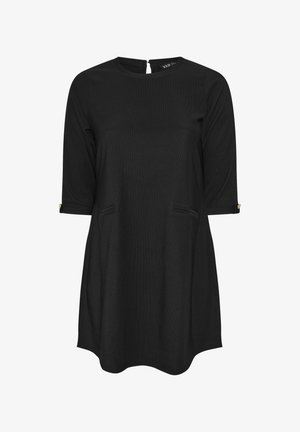 Vestito nero realizzato in morbido tessuto, con scollatura arrotondata, maniche a tre quarti e due tasche frontali con sottili accenti dorati.