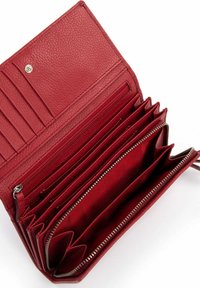 Red leather wallet with multiple card slots, zippered compartments, and textured exterior. Spacious interior with evenly arranged sections.