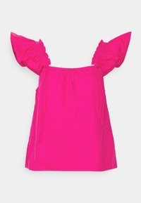 Top de algodón rosa brillante con mangas acampanadas sin hombros y cuello elástico, con detalles de lazo para un ajuste ajustable.