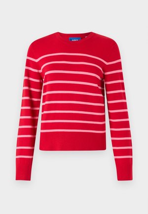 Maglione rosso con strisce orizzontali rosa, scollo rotondo, maniche lunghe, polsini e orlo a coste. Realizzato in un morbido tessuto knit.