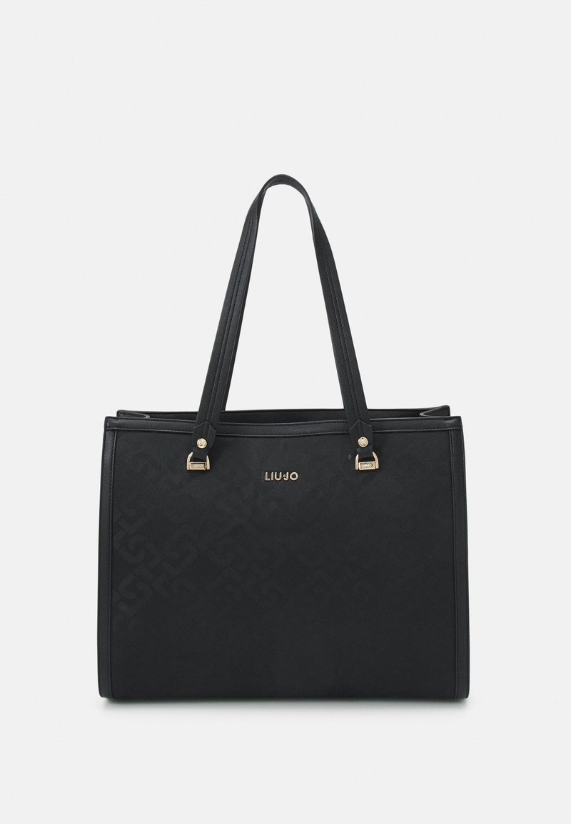 Sac cabas rectangulaire noir avec double poignée, texture subtilement imprimée et petit logo doré "LIU JO" au centre avant.