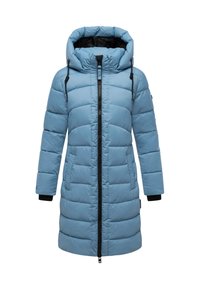 Lichtblauwe lange gewatteerde winterjas met hoge kraag, bevestigde capuchon met zwarte koordjes, frontrits en zijzakken.