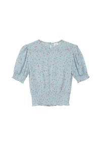 Helle blaue Bluse mit kurzen Puffärmeln, elastischem gerafftem Saum und floralem Druck in Pink, Gelb und Grün. Rückwärtiger Knopfverschluss.