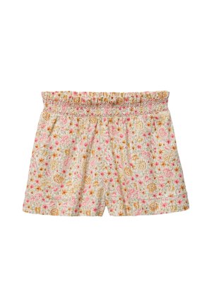 Shorts de couleur claire avec un imprimé floral rose et orange et une taille élastique froncée.