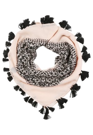 Hellrosa dreieckiges Tuch mit schwarzen geometrischen Mustern und schwarzen Quasten an den Rändern, locker zu einem Kreis gelegt.