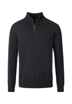 Mørkegrå langærmet pullover med halv lynlås og ribstrikkede manchetter og kant, vist på en ensfarvet hvid baggrund.