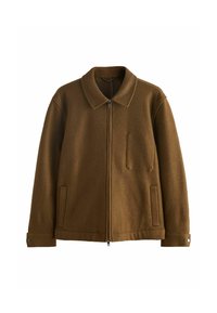 Braune Wolljacke mit Reißverschluss und Kragen, zwei Seitentaschen und einer Brusttasche, langen Ärmeln mit knopfverzierten Bündchen.