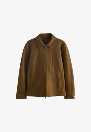 Jachetă zip-up din lână maro, cu guler, două buzunare laterale și un buzunar pe piept, mâneci lungi cu manșete cu nasturi.