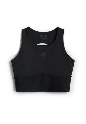 Brassière de sport noire sans manches avec bande inférieure côtelée et petit logo 4F à l'avant, taille petite, présentée à plat sur fond blanc.