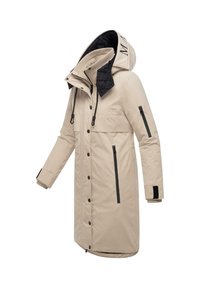 Veste parka longue beige avec doublure de capuche noire, poches latérales zippées et fermetures à bouton. Comprend des cordons de serrage ajustables et des poignets côtelés.