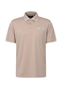Beige poloshirt van zachte stof, met een drieknoopsluiting, korte mouwen en een borstzak met een witte bies.