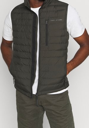 Man wearing dark green quilted vest over white short-sleeve shirt with hands in vest pockets, standing against plain background.