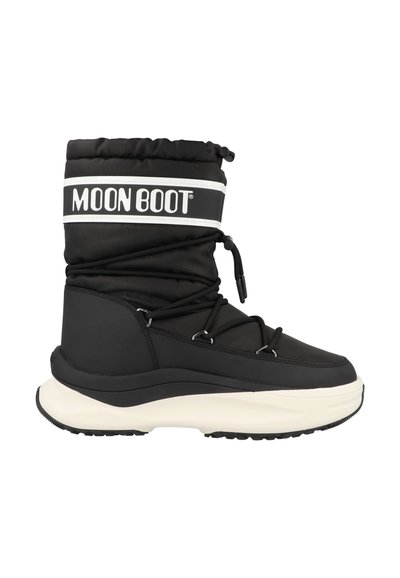 Χιονιστή μπότα Black Moon Boot με παχύ λευκό πάτο, κορδόνια που τυλίγονται και επενδυμένο πάνω μέρος με το λογότυπο "MOON BOOT".