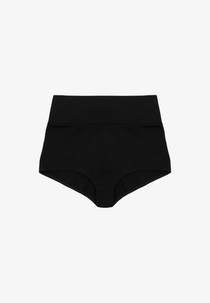 Czarne bezszwowe majtki o wysokim stanie z szerokim pasem i pełnym pokryciem, zaprojektowane dla komfortu i wsparcia.