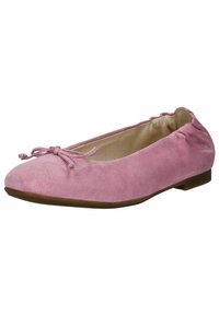 Ballerines en suède rose avec un bout rond, détail de nœud sur l'empeigne et intérieur légèrement rembourré. Semelle en caoutchouc marron, fine et basse.