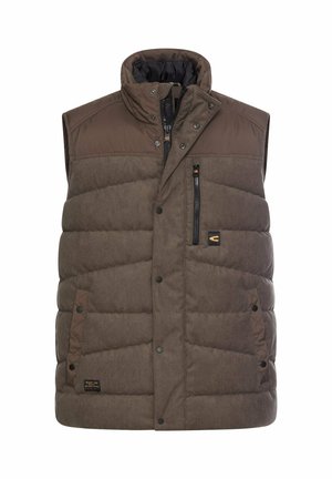 Brown padded sleeveless vest with high collar, front zipper and snap buttons, two side pockets, and one zipped chest pocket.