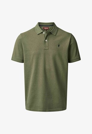 Oliiviroheline lühikeste varrukatega polosärk kahe nupuga, soonikkoelise krae ja varrukatega ning vasakul rinnal väike tikitud golfimängija logo.